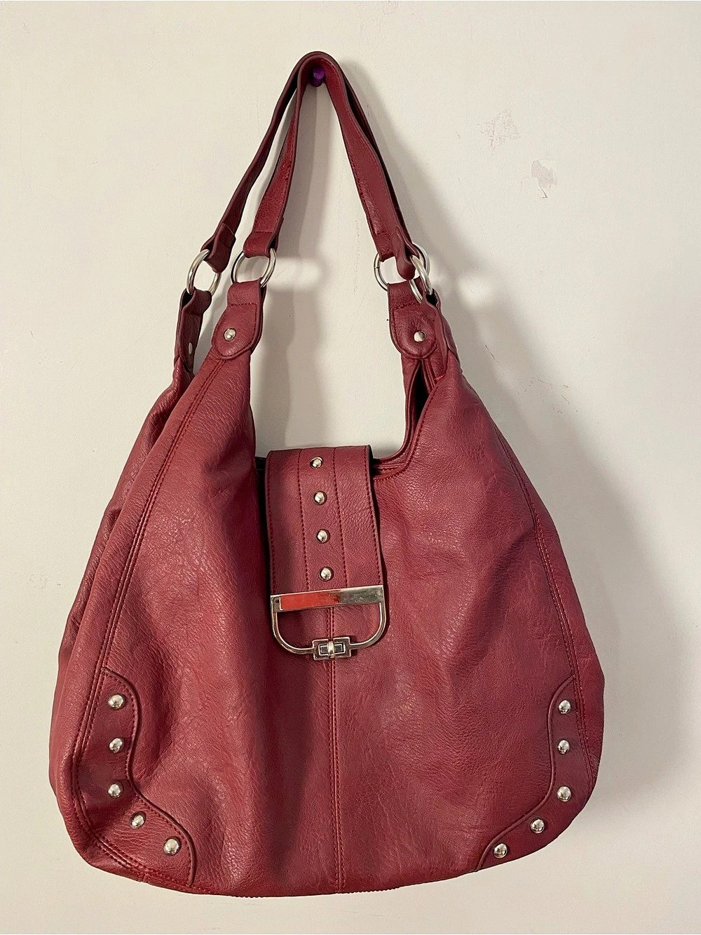 Vintage Fiorelli Burgundy Studded Hobo Bag, Oxblood Shoulder Bag, Leopard Lining